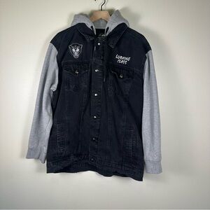 LURKING CLASS Grunge Streetwear Black and Gray Patch Denim Hoodie Jacket